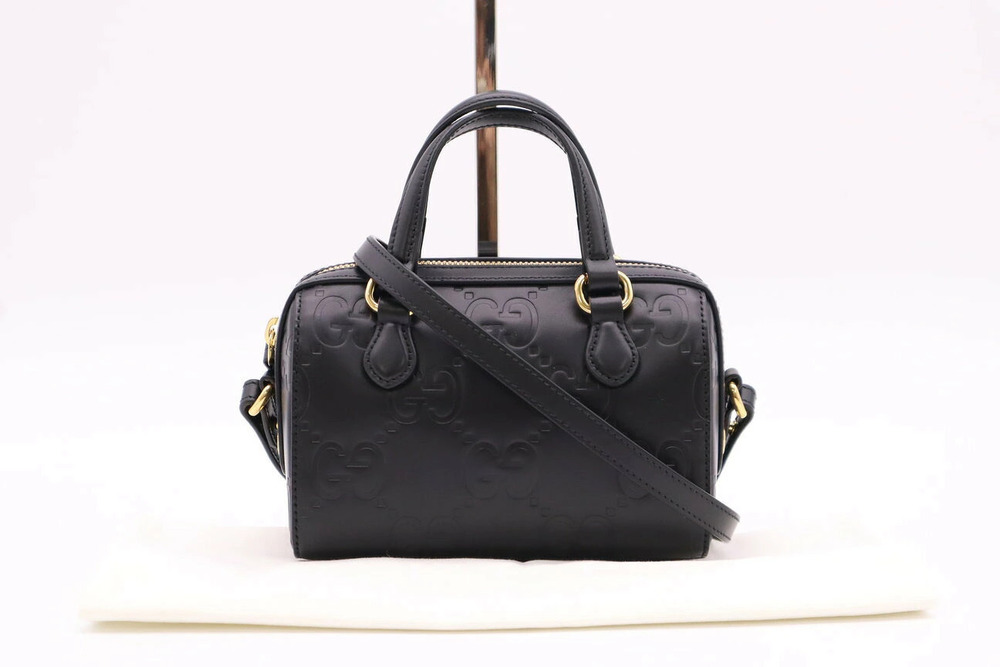 Gucci GG Super black calfskin jumbo GG embossed 2way bowler bag